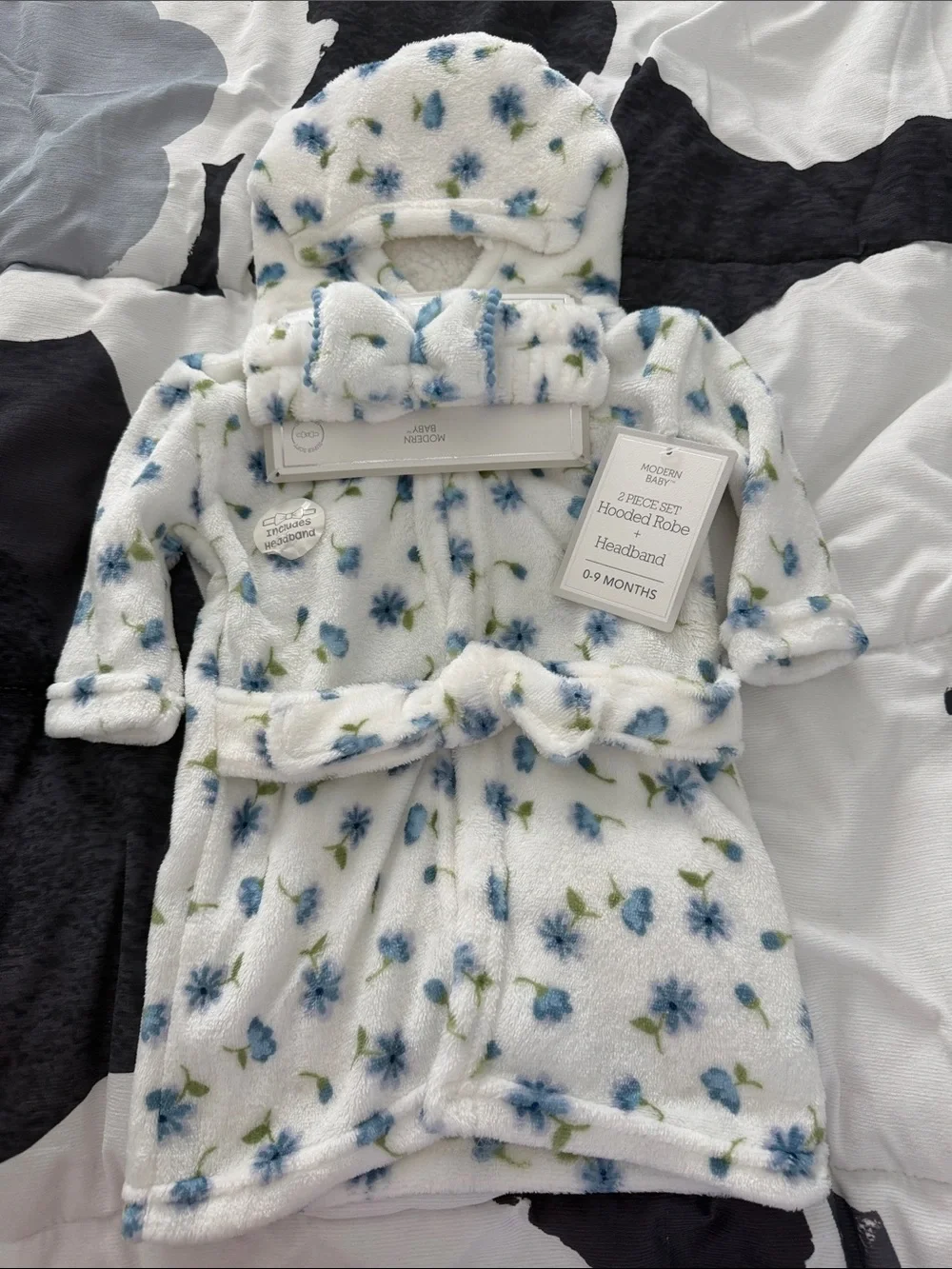 Plush Hooded Robe for Kids - Blue Floral (0-9 Months)